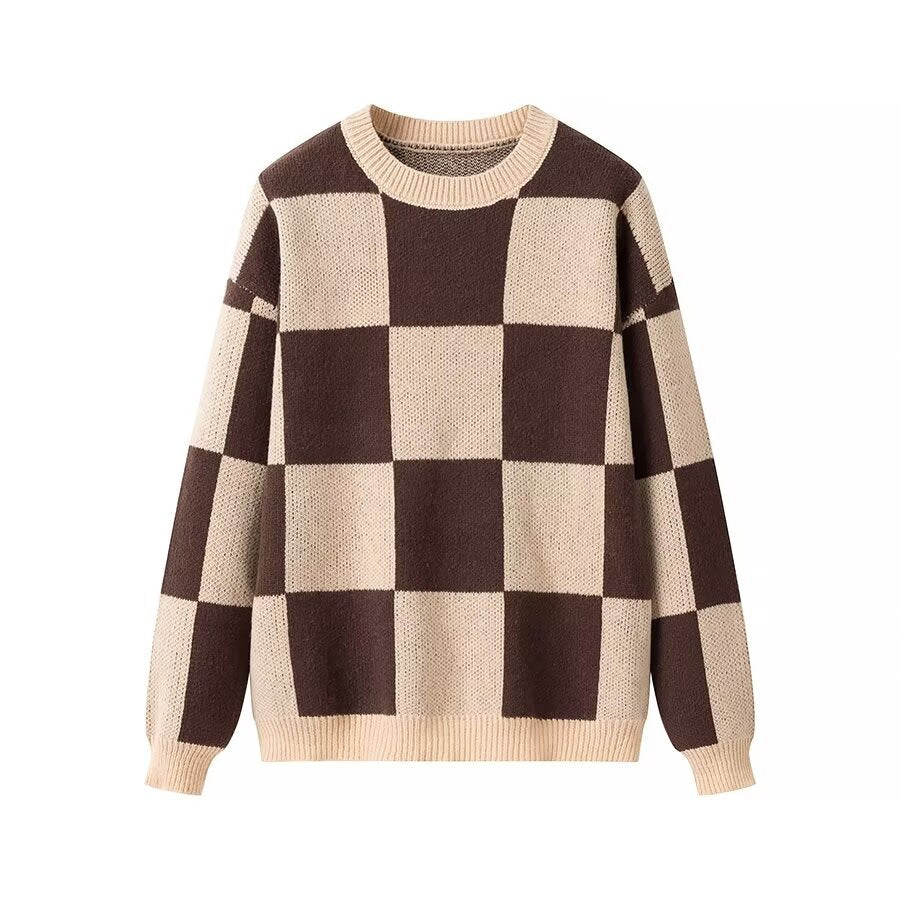 Vintage Checkerboard Sweater - Brown