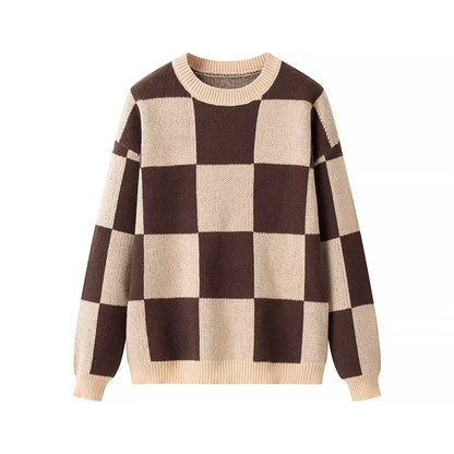 Vintage Checkerboard Sweater - Brown