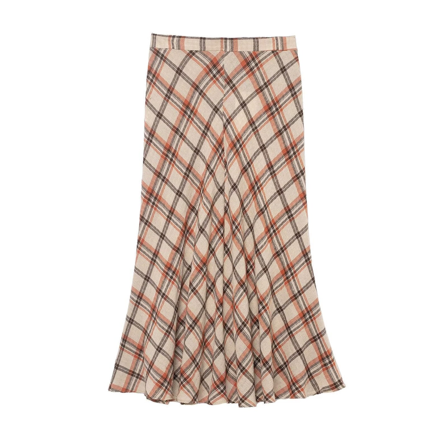 Vintage Soft Plaid Midi Skirt - Beige