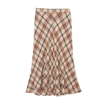Vintage Soft Plaid Midi Skirt - Beige