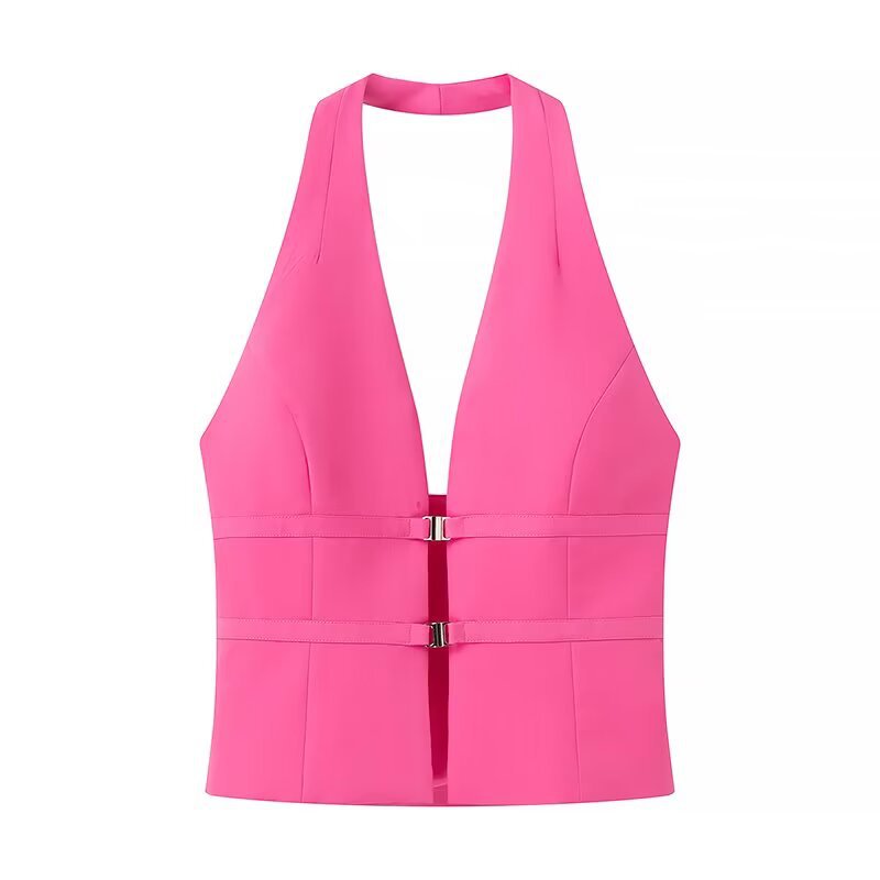 Elegant Fitted Halter Neck Top - Pink