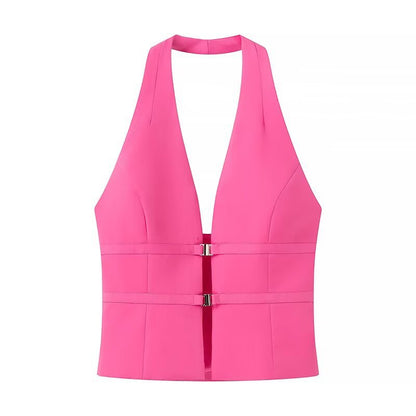 Elegant Fitted Halter Neck Top - Pink