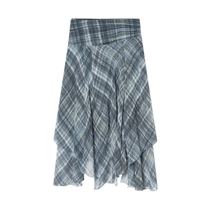 Vintage Layered Plaid Midi Skirt - Blue
