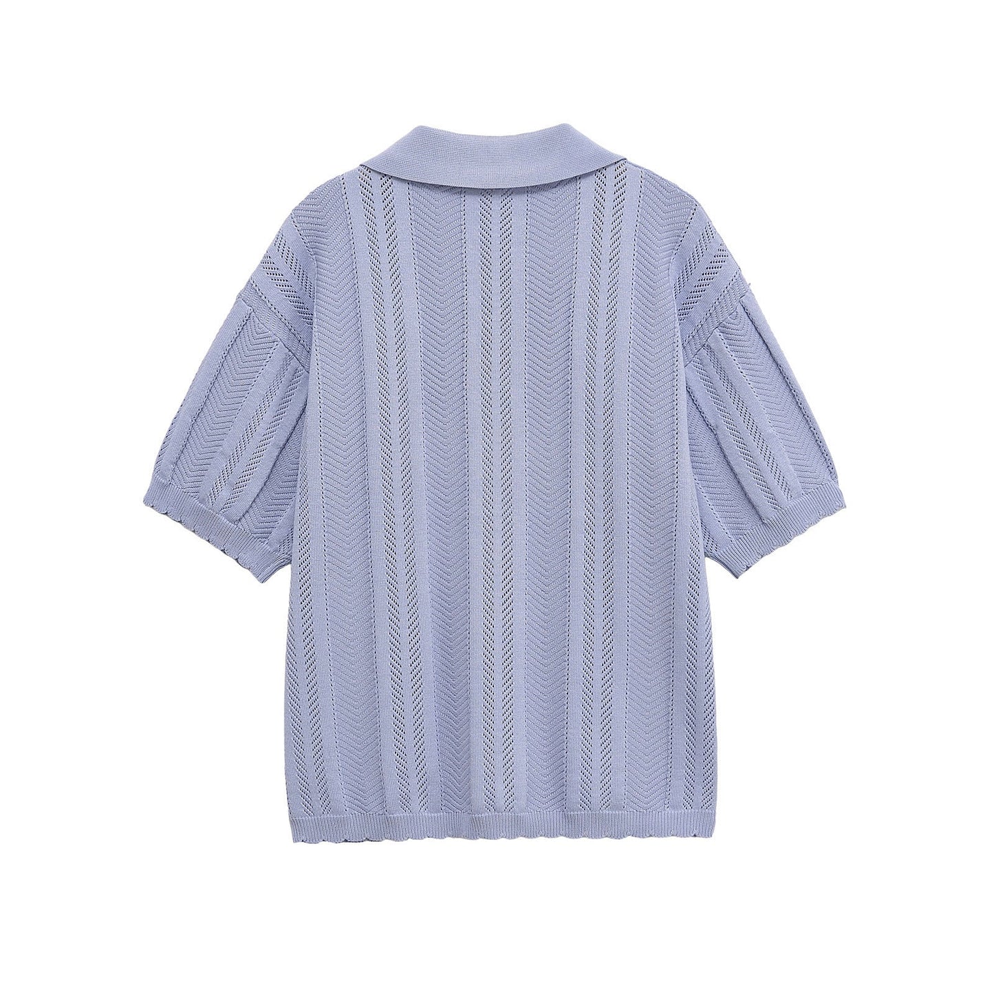 Delicate Textured Knit Short Sleeve Polo Top - Blue