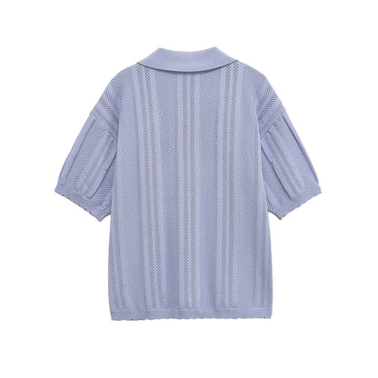 Delicate Textured Knit Short Sleeve Polo Top - Blue