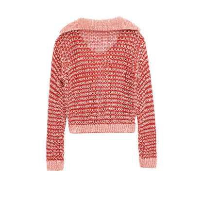 Relaxed Open Knit Striped Hooded Sweater - Red