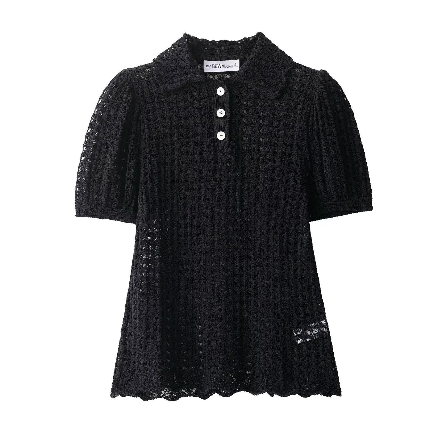Chic Crochet Knit Puff Sleeve Polo Top -  Black