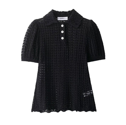 Chic Crochet Knit Puff Sleeve Polo Top -  Black