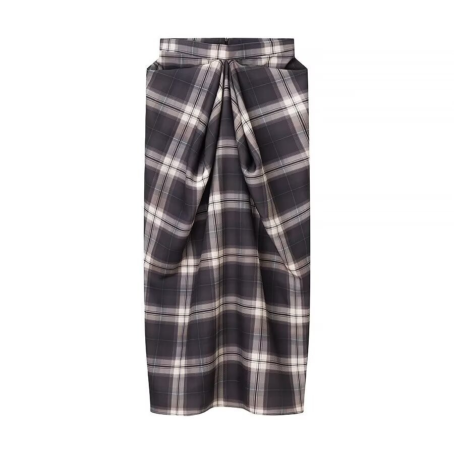 Luxe Draped Plaid Midi Skirt - Gray