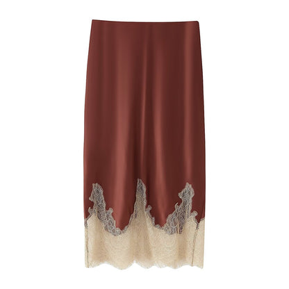 Luxe Lace Trim Midi Skirt - Brown