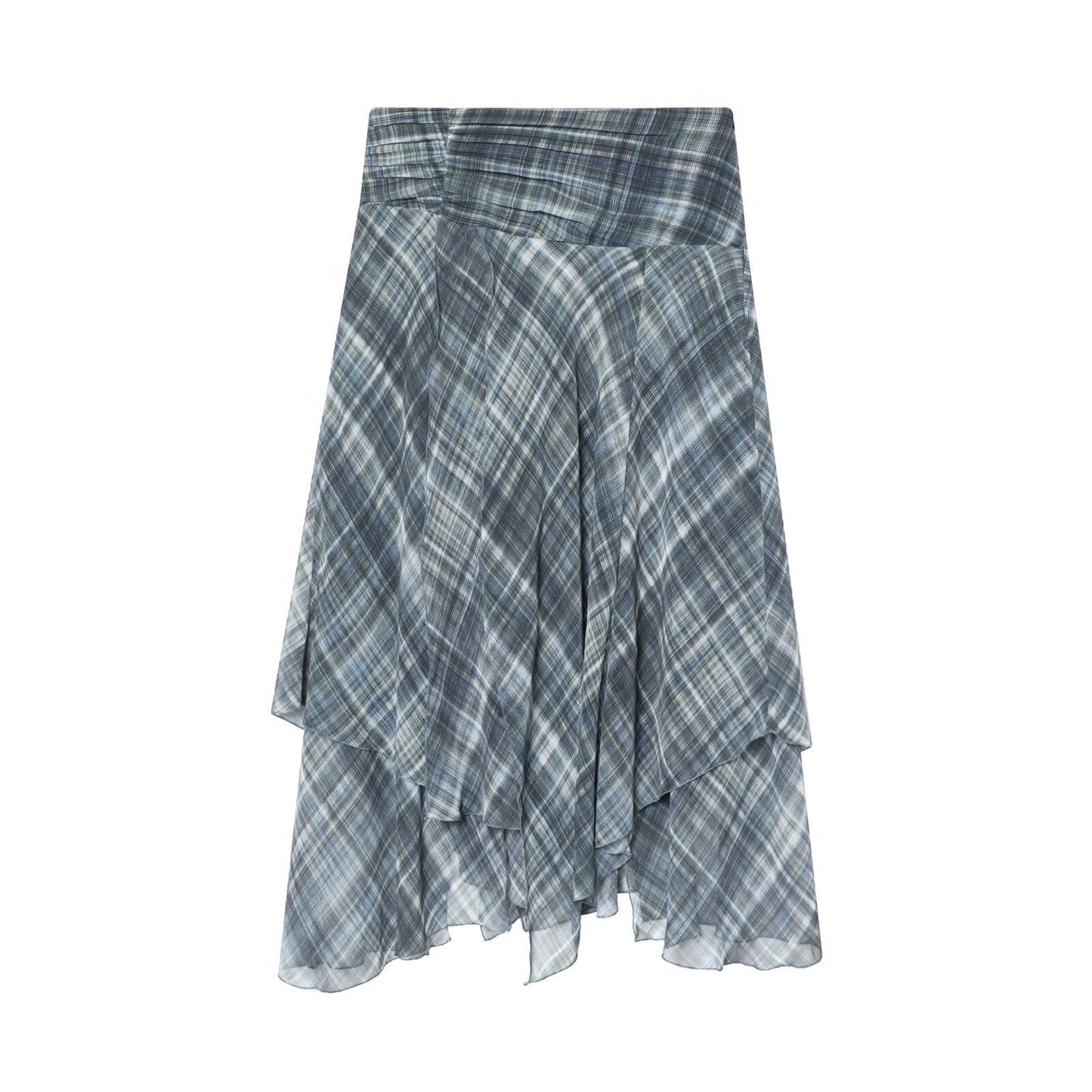 Vintage Layered Plaid Midi Skirt - Blue