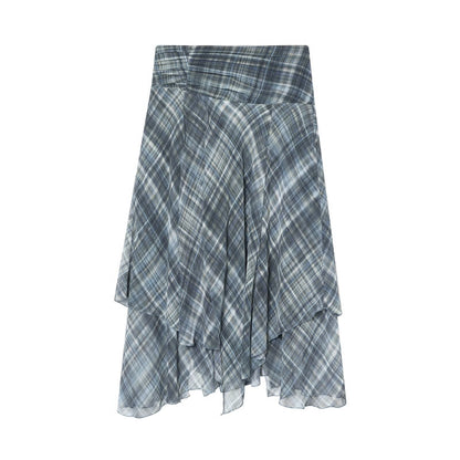 Vintage Layered Plaid Midi Skirt - Blue