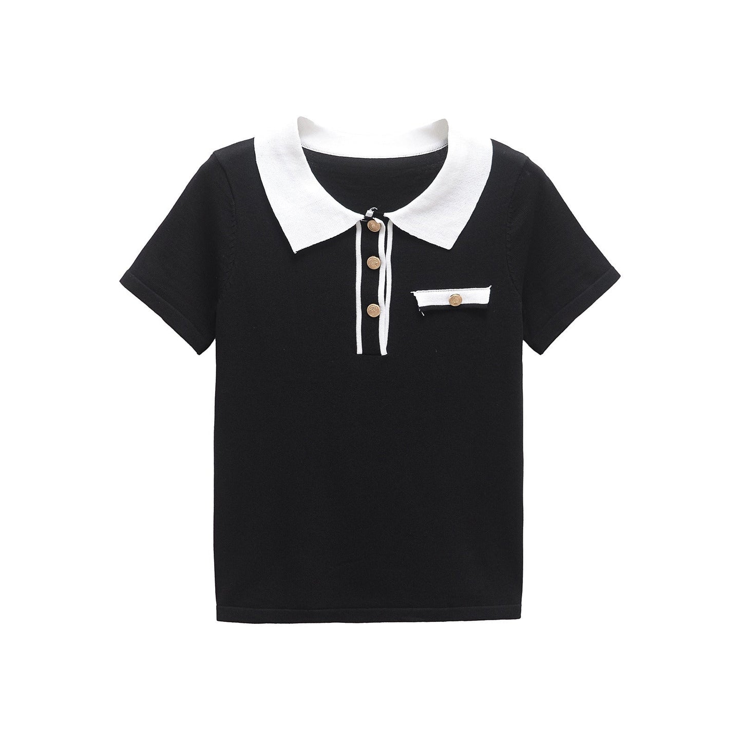 Chic Contrast Knitted Polo Top - Black