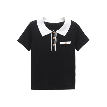 Chic Contrast Knitted Polo Top - Black