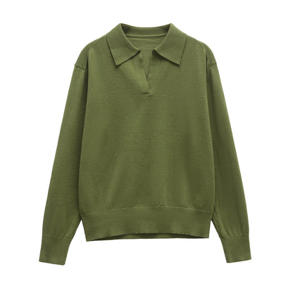Effortless Collared Knit Polo Sweater - Olive Green