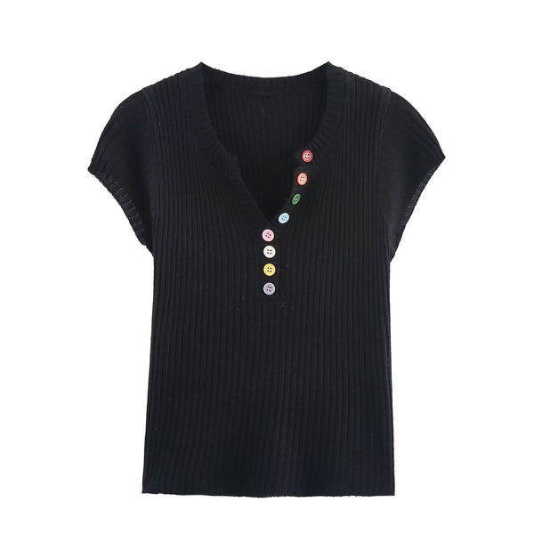 Essential Rainbow-Button Ribbed Top