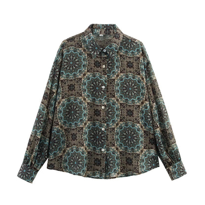 Vintage Ornate-Tile Blouse - Green