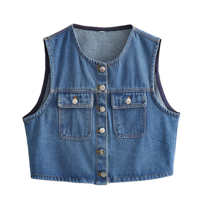 Urban Relaxed Denim Button Vest - Blue