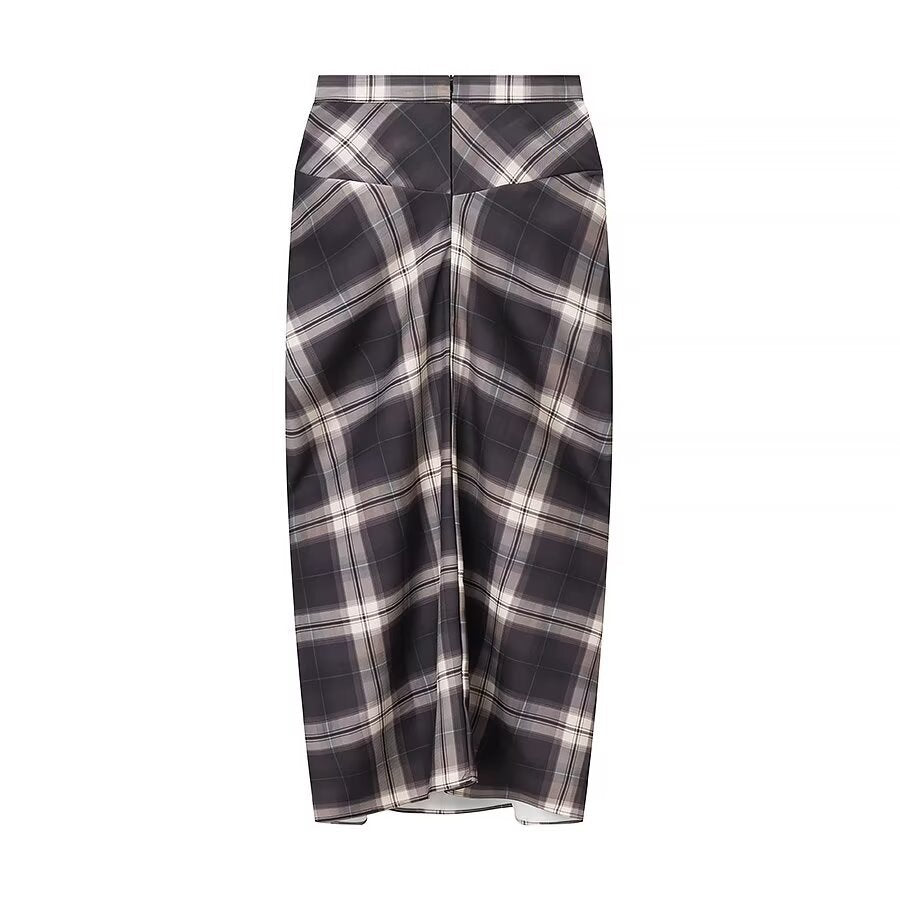 Luxe Draped Plaid Midi Skirt - Gray