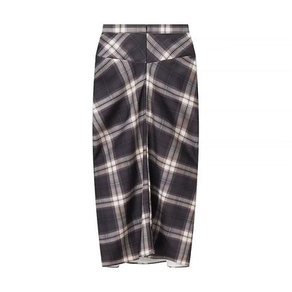 Luxe Draped Plaid Midi Skirt - Gray