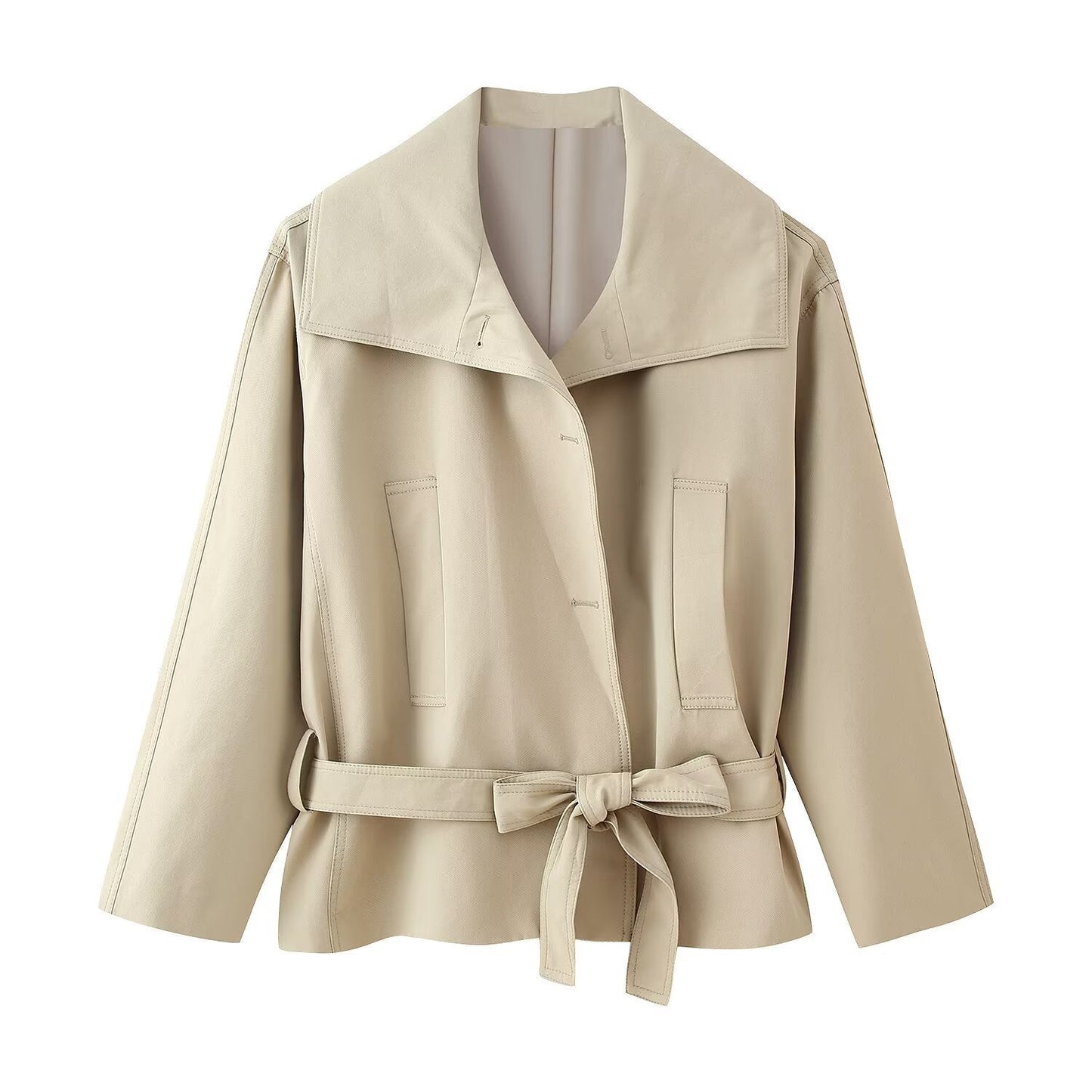 Luxe Foldover-Lapel Belted Jacket – Beige