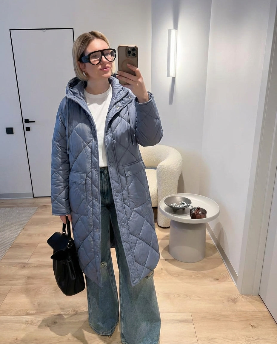 Essential Long Quilted Hooded Coat – Blue