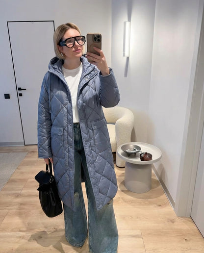 Essential Long Quilted Hooded Coat – Blue