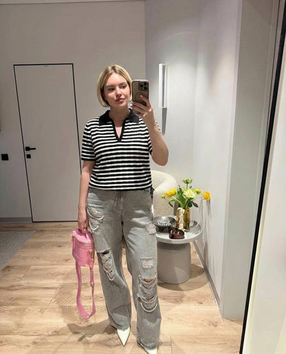 Flattering Ribbed Knit Striped Polo Top