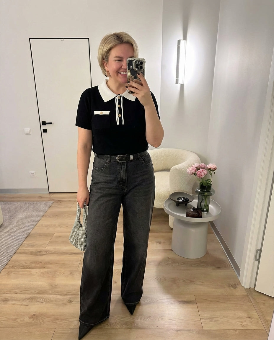 Chic Contrast Knitted Polo Top - Black