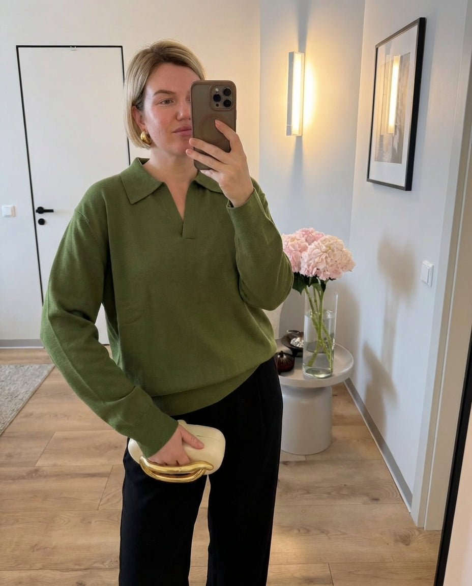 Effortless Collared Knit Polo Sweater - Olive Green