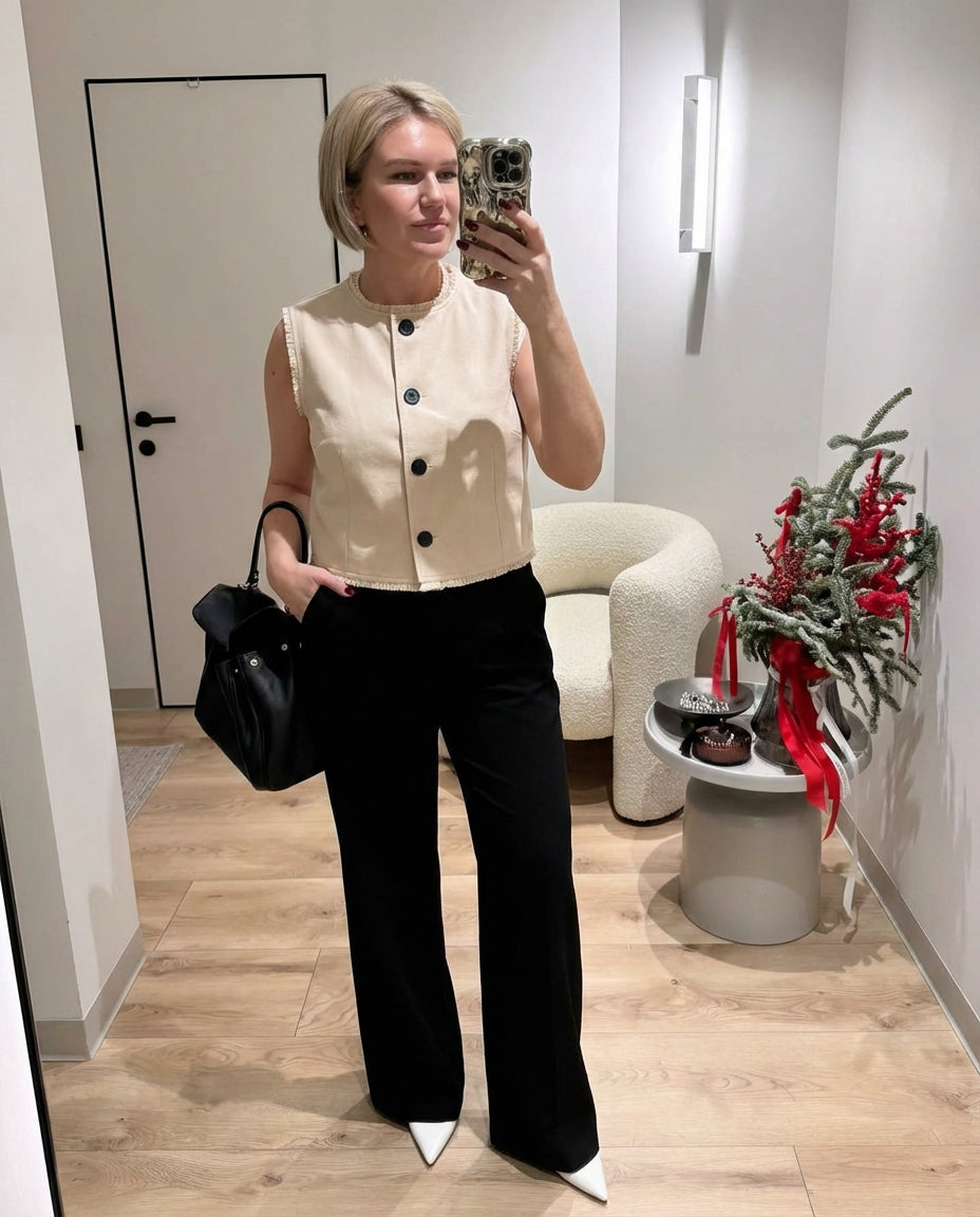 Luxe Frayed Edge Tailored Vest - Beige