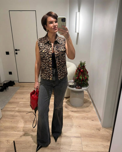 Luxe Leopard Button Vest - Brown