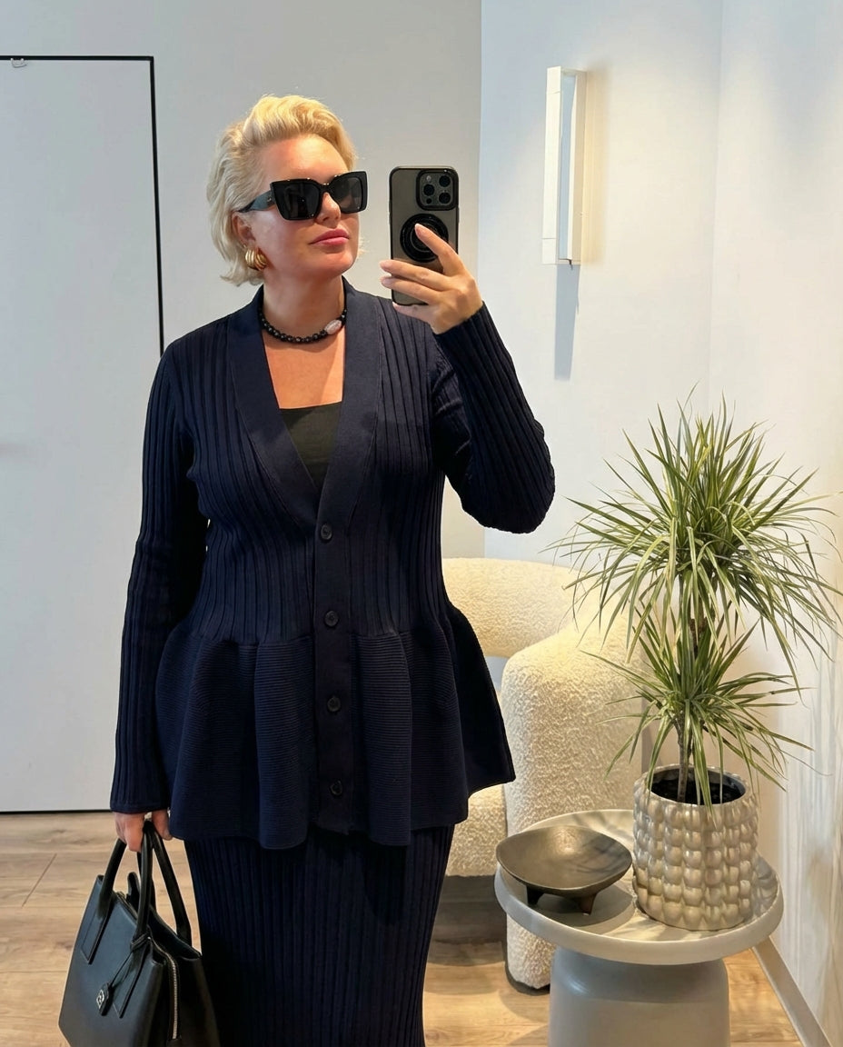 Studio Ribbed Peplum Cardigan - Navy