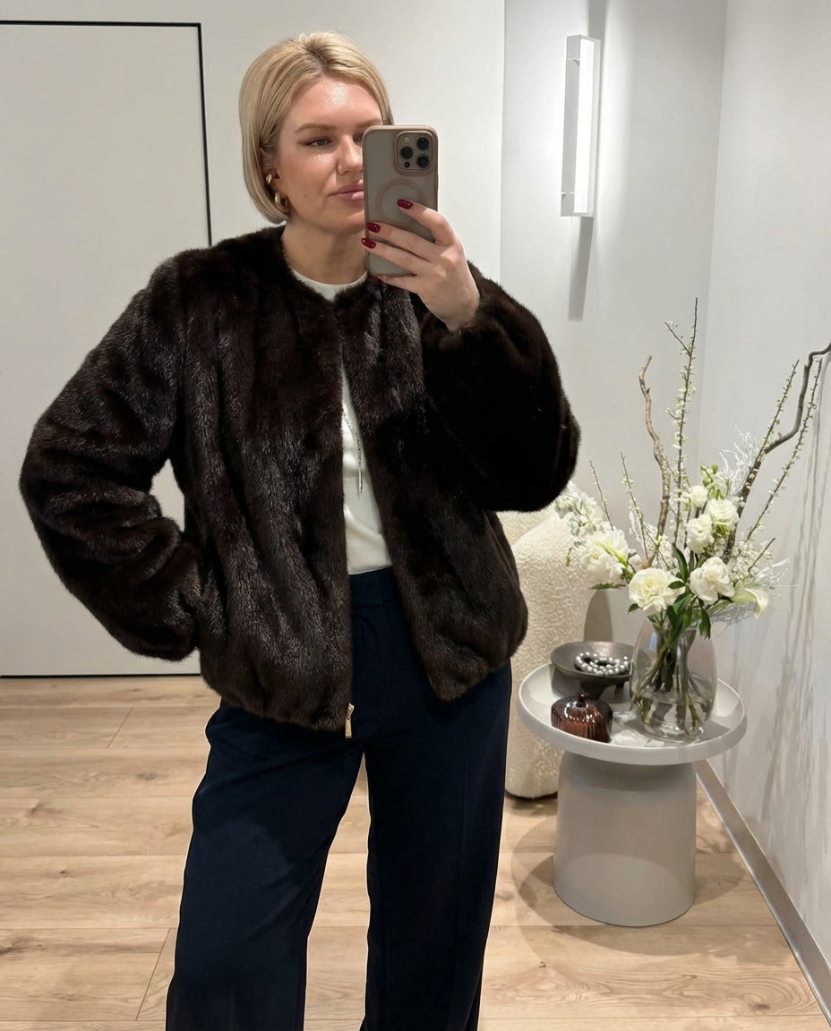 Essential Round-Neck Faux-Fur Jacket - Brown