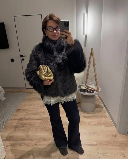 Luxe Plush-Collar Faux-Fur Coat