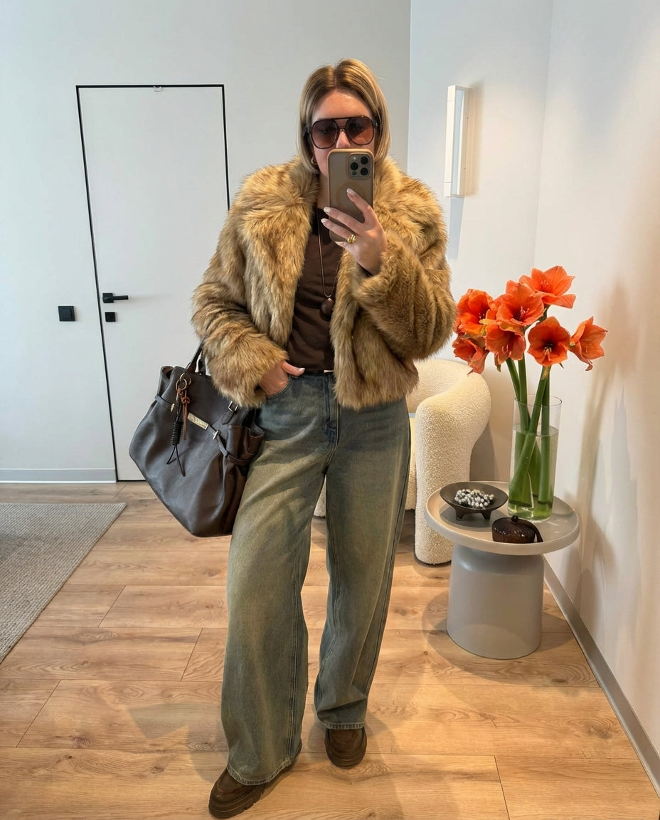Luxe Notched-Lapel Faux-Fur Coat - Brown