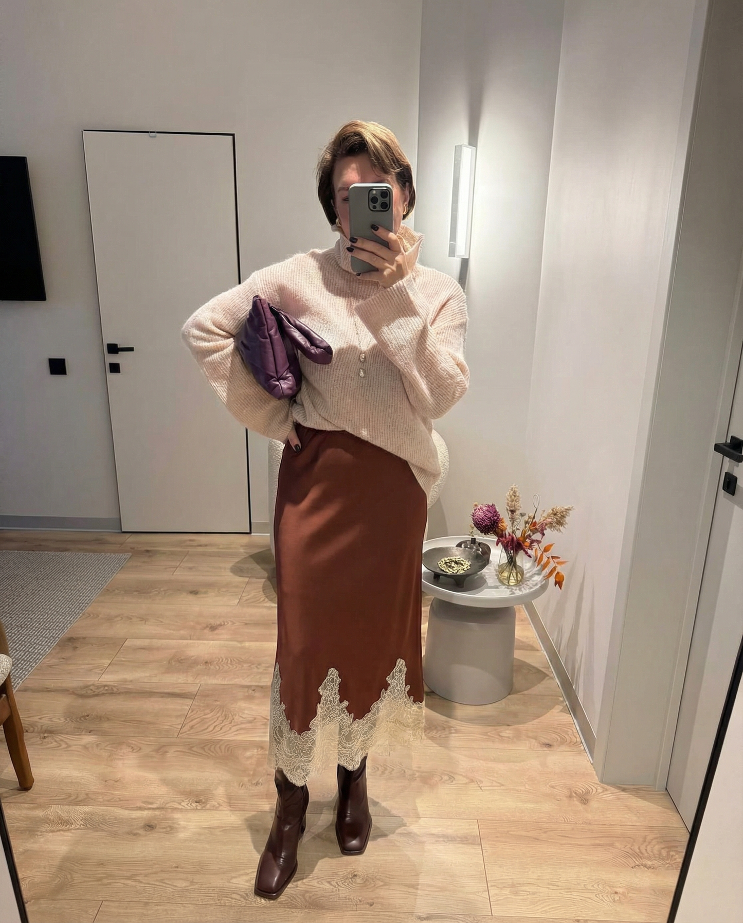 Luxe Lace Trim Midi Skirt - Brown
