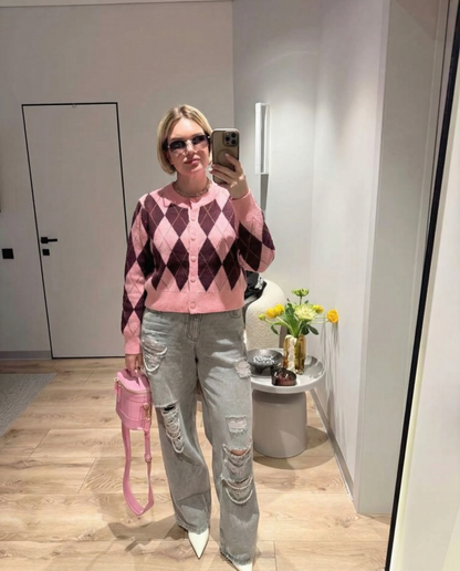 Vintage Argyle Cardigan - Pink