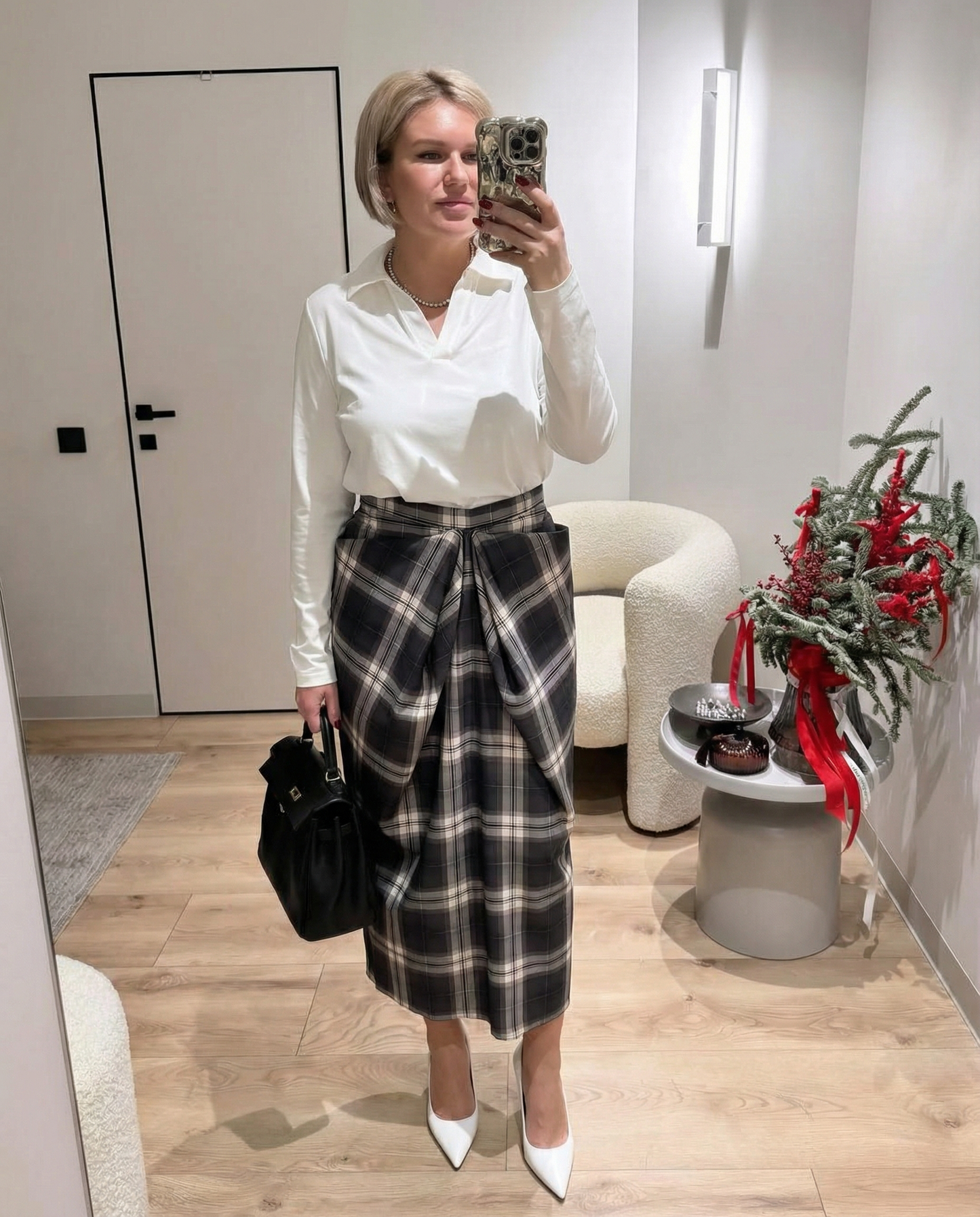 Luxe Draped Plaid Midi Skirt - Gray
