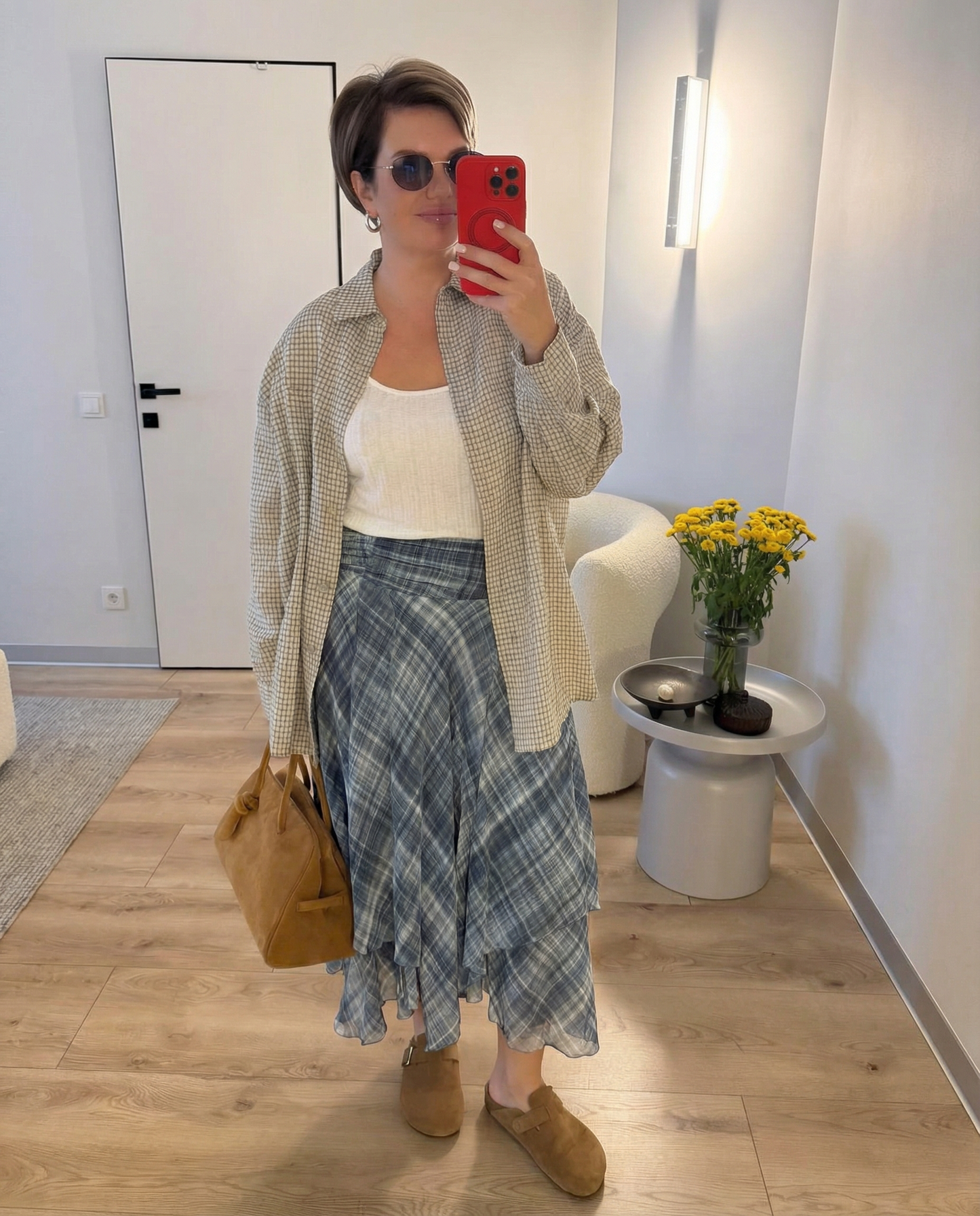 Vintage Layered Plaid Midi Skirt - Blue