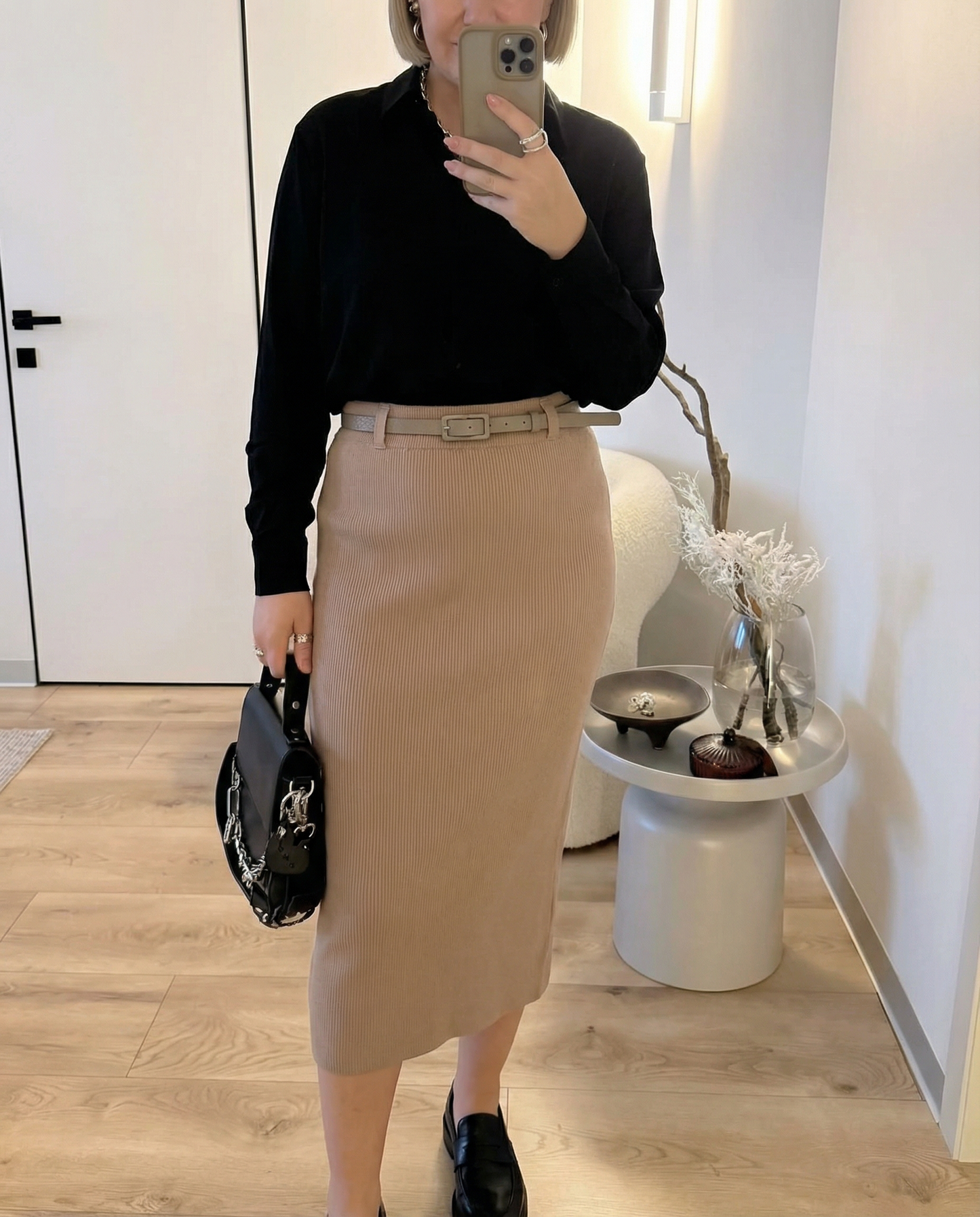 Essential Belted Knit Midi Skirt - Brown
