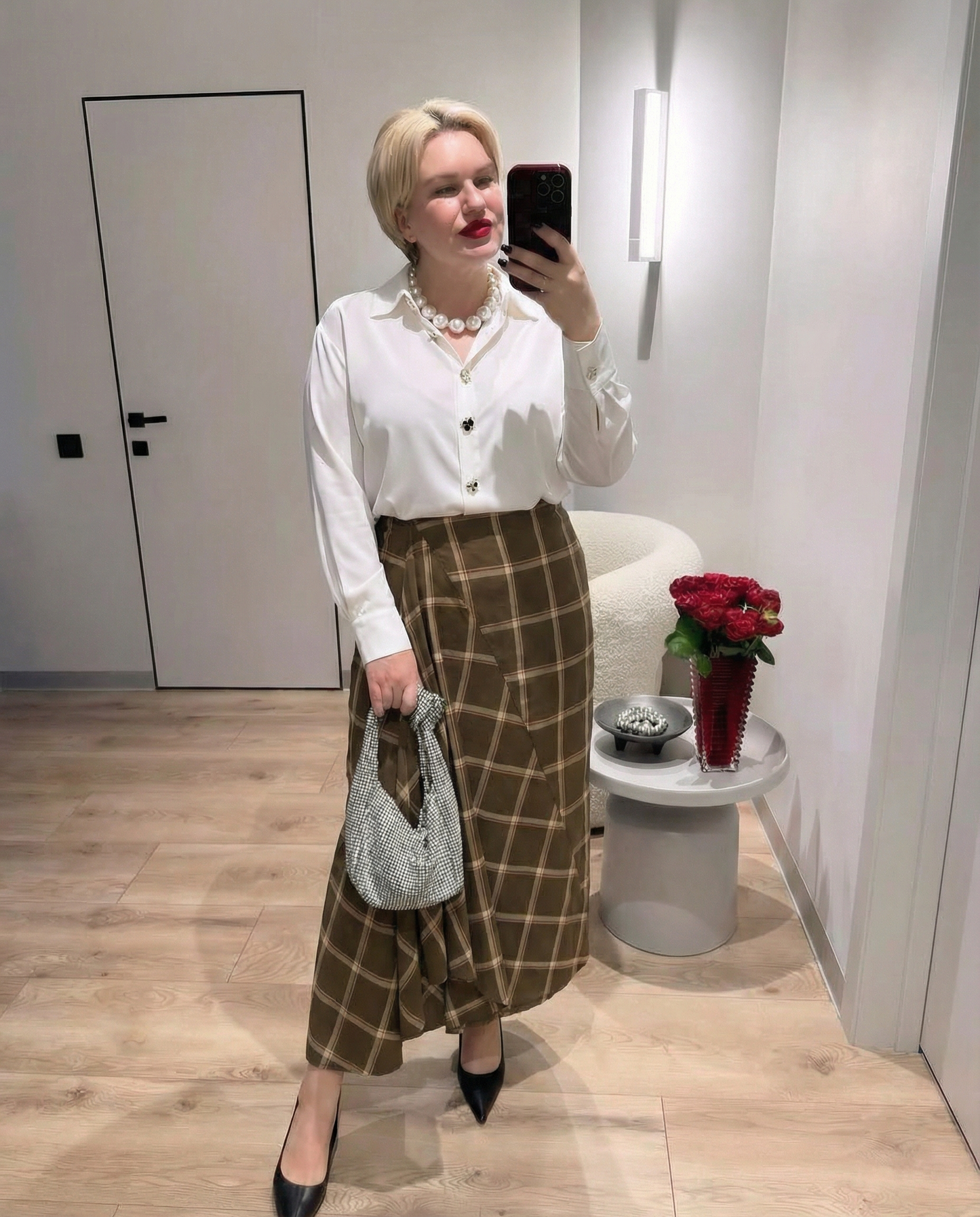 Luxe Plaid Wrap Midi Skirt - Brown