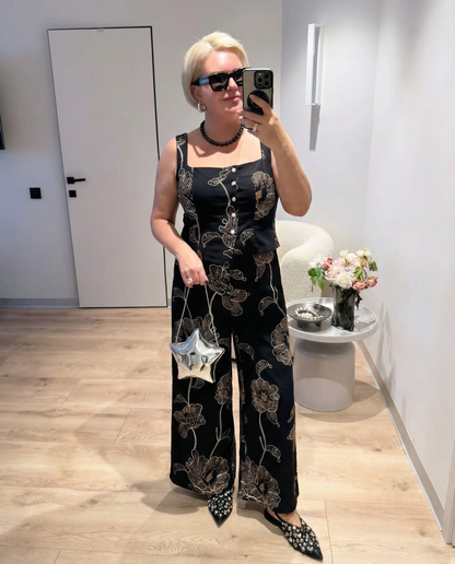 Luxe Floral-Linework Jumpsuit - Black