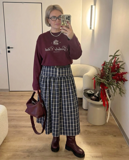 Luxe Belted Plaid Midi Skirt - Navy